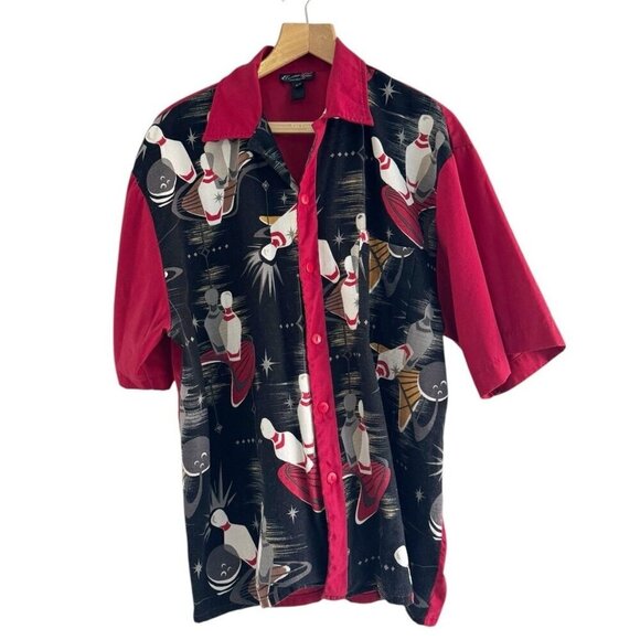 VTG Men's Sz XL Red & Black Panel Button Up Bowling Shirt Bowling Pins Mid Cent - Picture 1 of 10